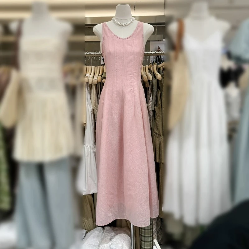 十三行夏季法式风圆领套头无袖显瘦长款A字粉色休闲背心连衣裙女
