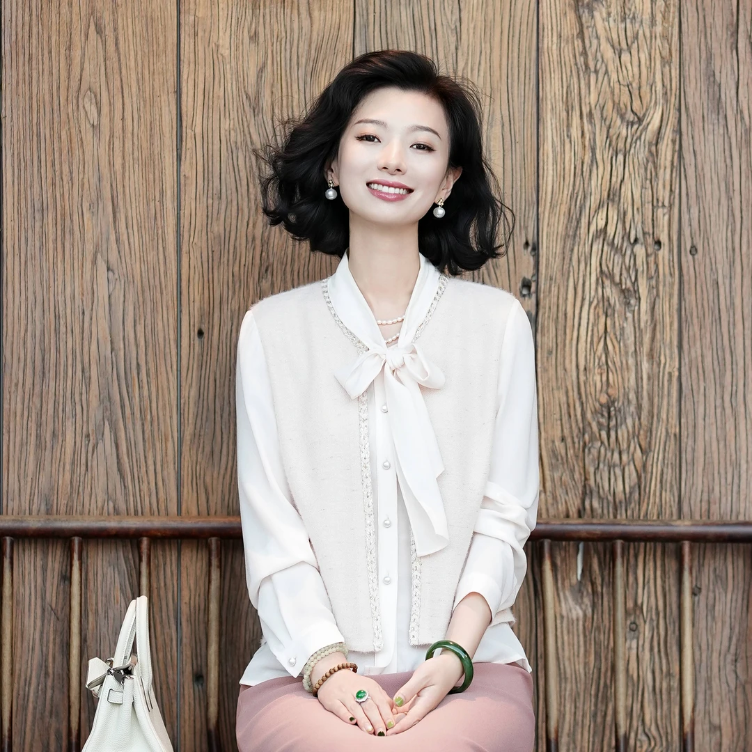 西子/【金秘书】醋酸气质温柔小香风飘带假两件粉色衬衣/SYBH2106