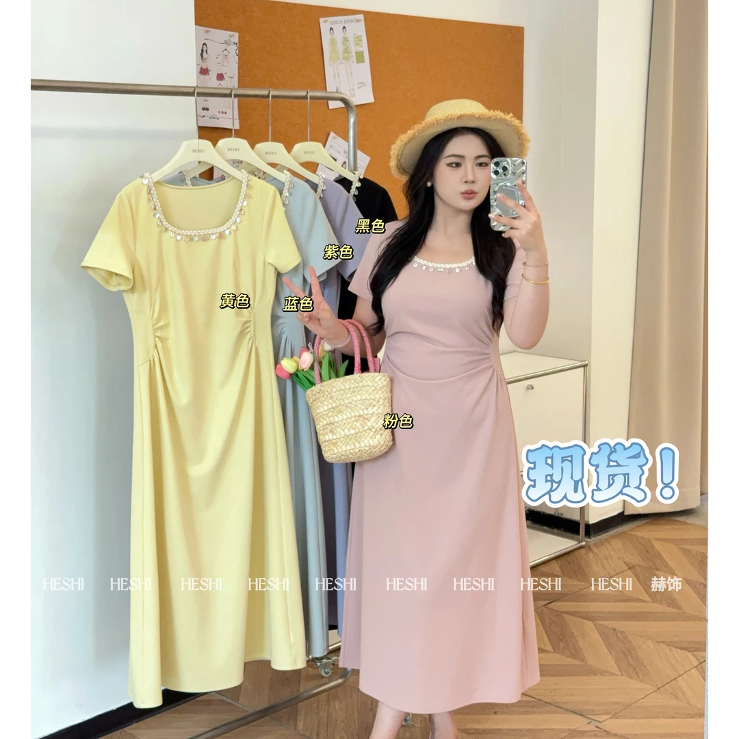现货【嘎嘎】大码胖mm夏季新款收腰气质设计感短袖连衣裙05033D
