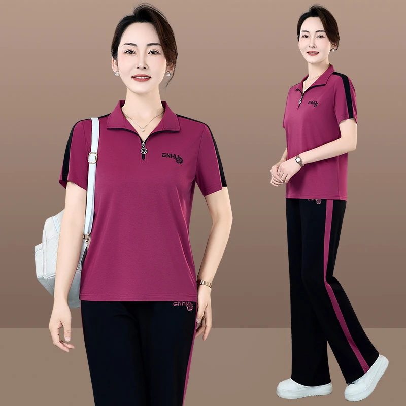 恩狐夏季小花运动服套装女新款宽松洋气妈妈夏装时尚休闲两件套