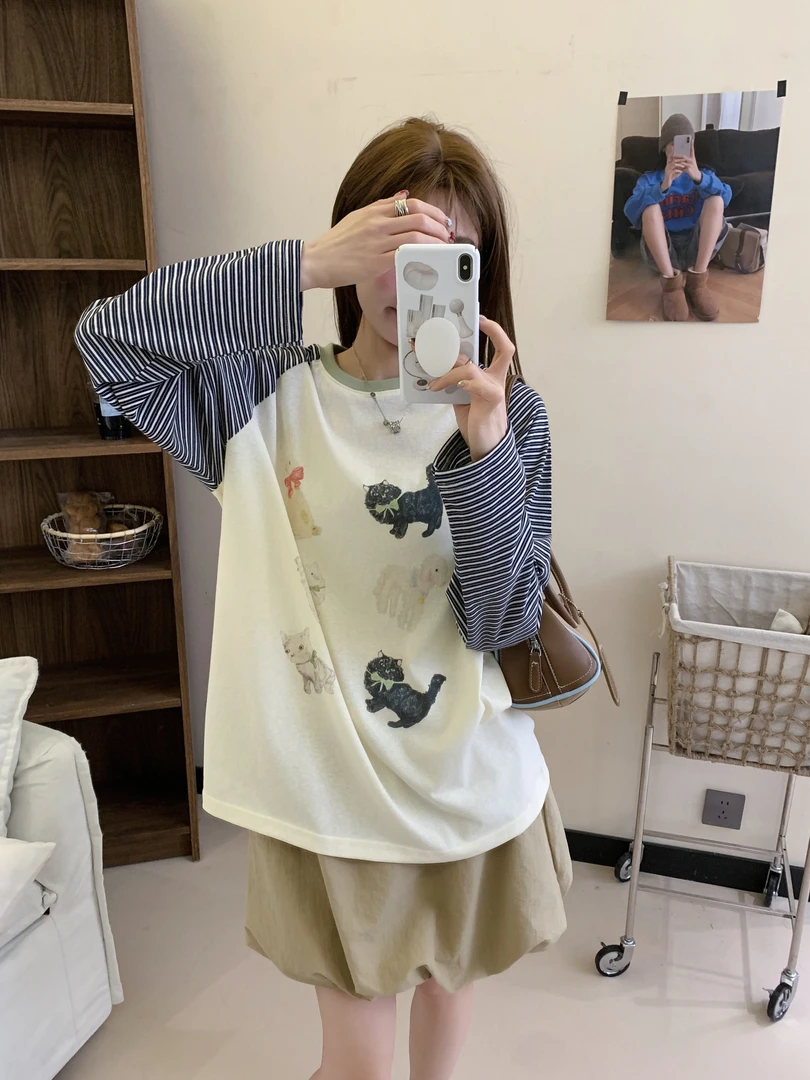 程程甄选  韩系猫猫简约百搭撞色条纹印花长袖防晒T恤931
