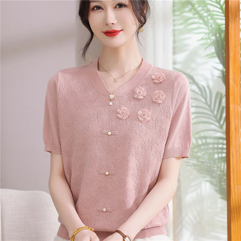 母亲节妈妈夏装冰丝短袖T恤立领洋气上衣中老年女装时尚提花小衫