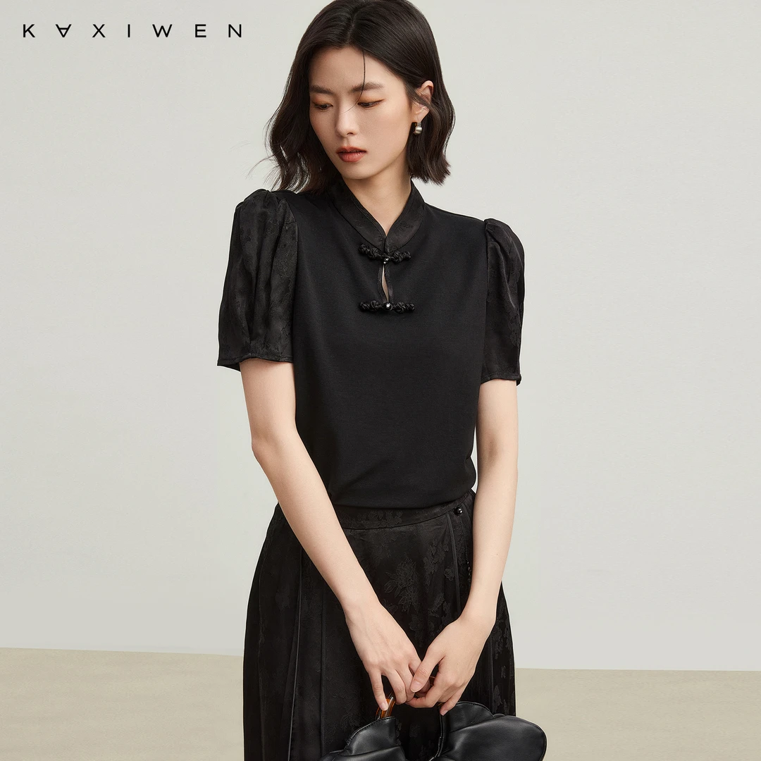 佧茜文新中式提花拼接T恤【早秋】时尚简约盘扣上衣女X07ATN3247