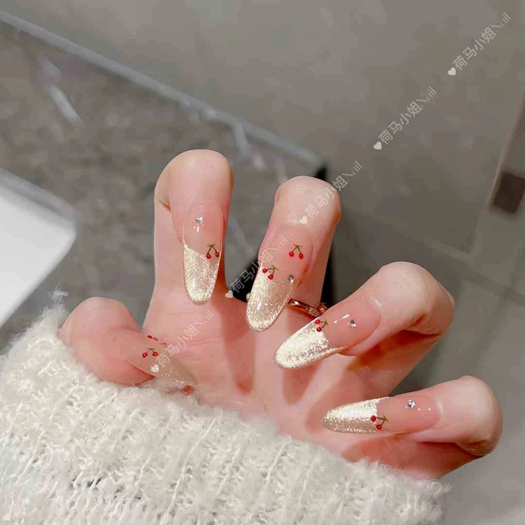 【春野•樱桃】纯手工穿戴甲美甲贴片春季显白猫眼可拆卸10片装