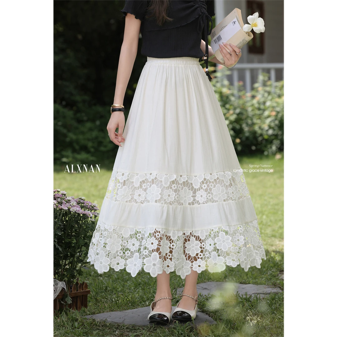 鹿向南「粉丝福利」法式米杏色蕾丝拼接女时尚优雅长裙L557126