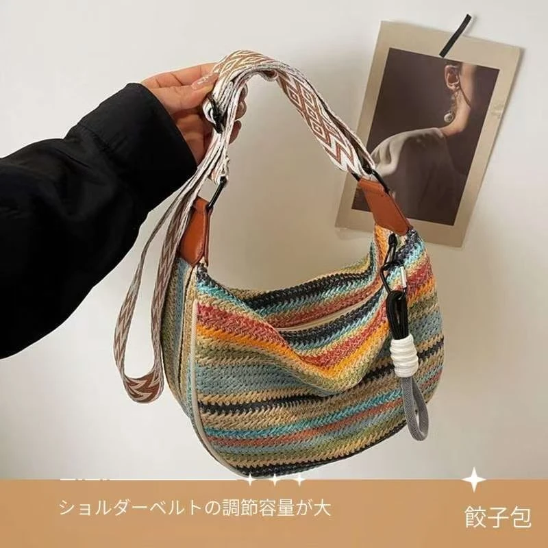 【外贸单】日系潮流单肩斜挂包时尚彩虹编织包简约动车撞色饺子包 2