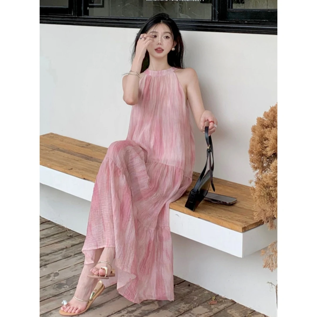 ORANGE STUDIOI 法式甜美绑带挂脖连衣裙夏季宽松修身背心连衣裙