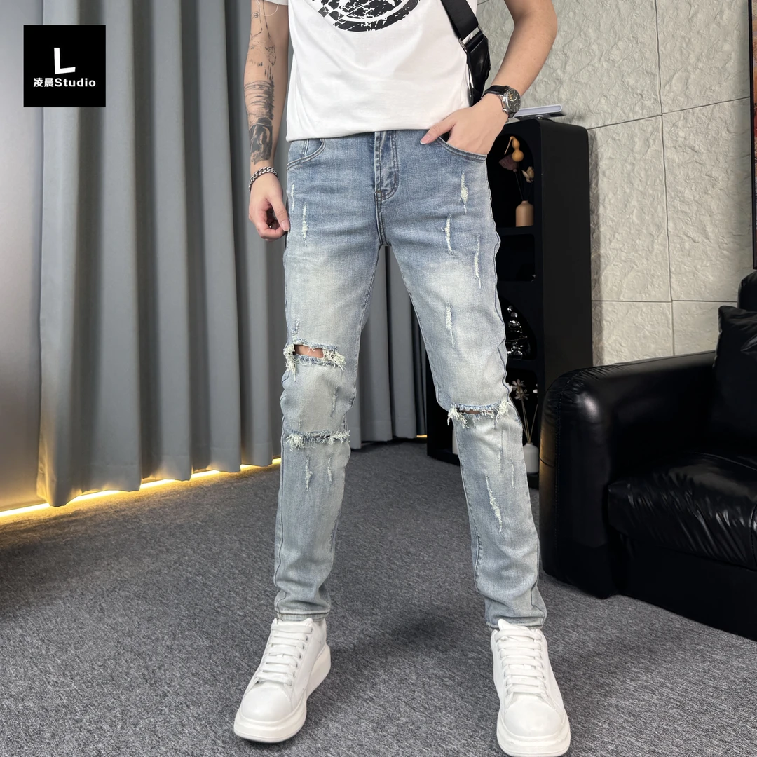 夏季薄款牛仔裤修身百搭潮流破洞小脚裤时尚韩版牛仔裤长裤男款