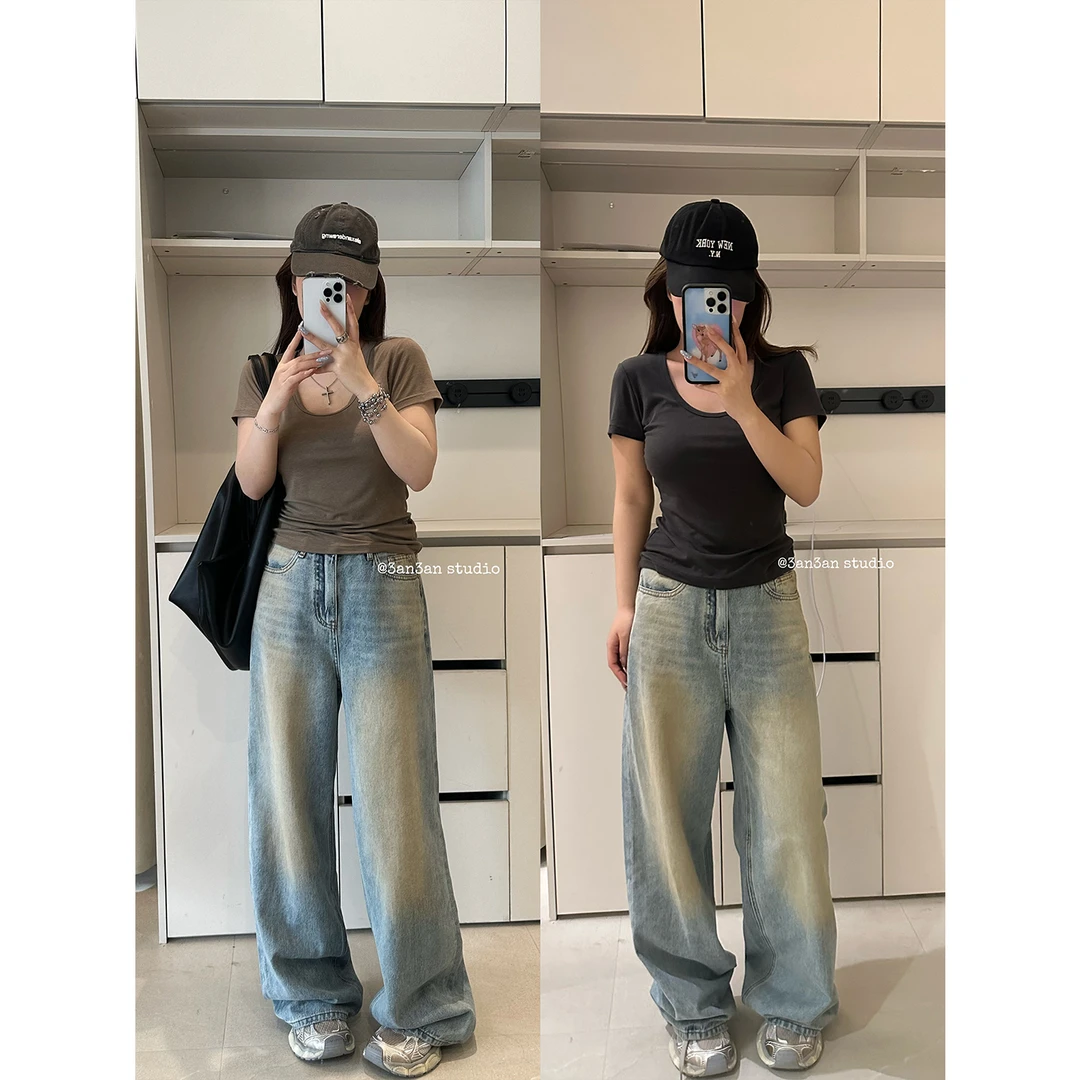 3AN3AN【黄泥裤】直筒牛仔裤蓝色复古擦色水洗百搭街头风夏 3ANA042