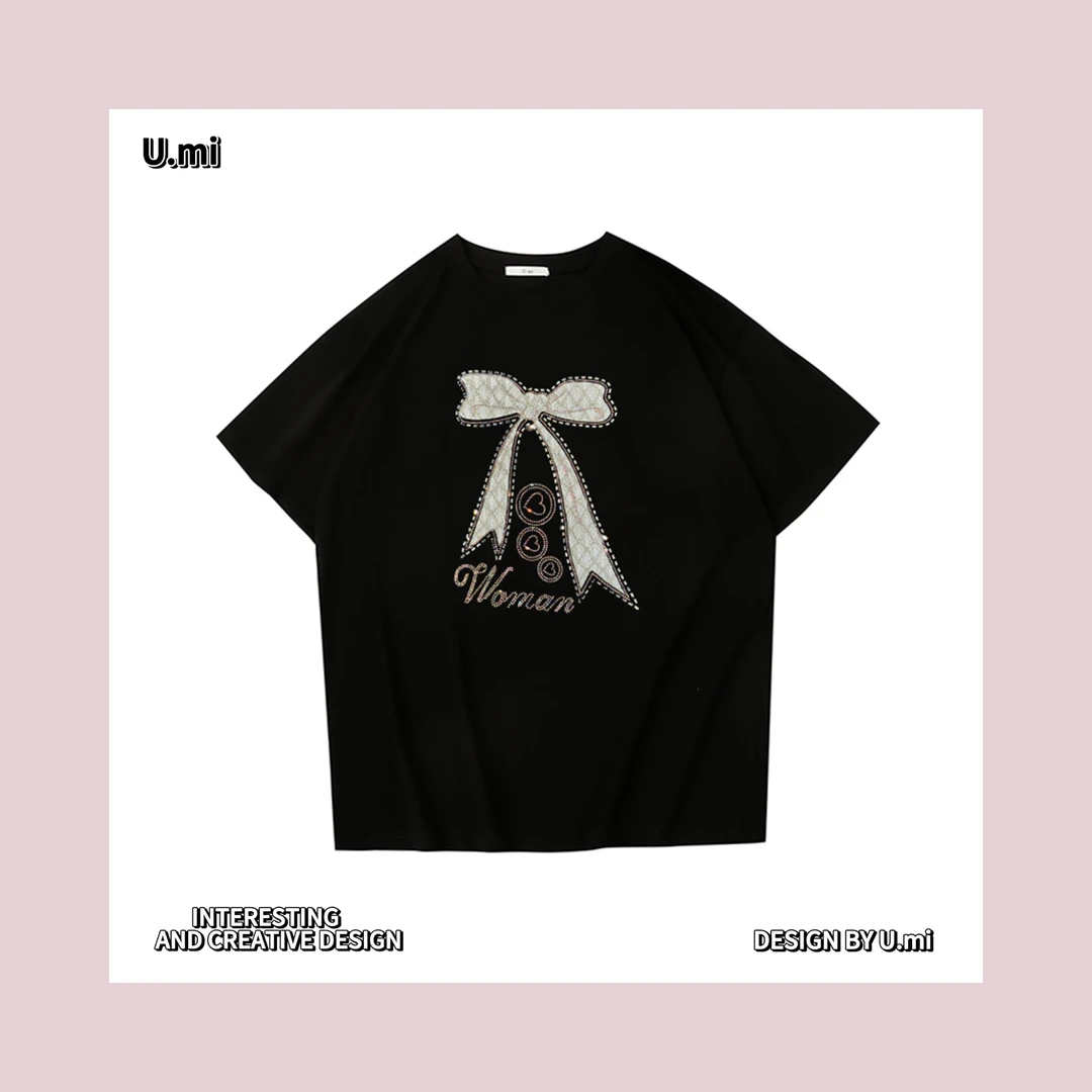 时尚蝴蝶结ins轻奢黑色镶钻印花植绒刺绣情侣T恤春夏烫钻圆领