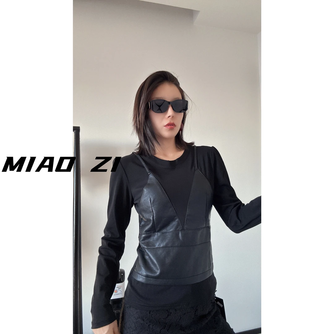 【MIAOZI】轻职风女圆领长袖拼接假两件修身百搭T恤冬季设计感