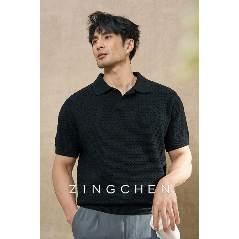 【六股长绒棉】ZINGCHEN春夏短袖V领POLO重磅阔形针织翻领T恤衫男