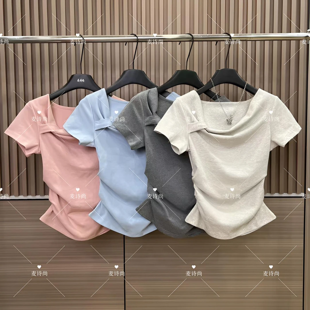 【荡领斜肩T恤】2025夏设计感减龄时髦气质显瘦收腰褶皱短袖上衣女
