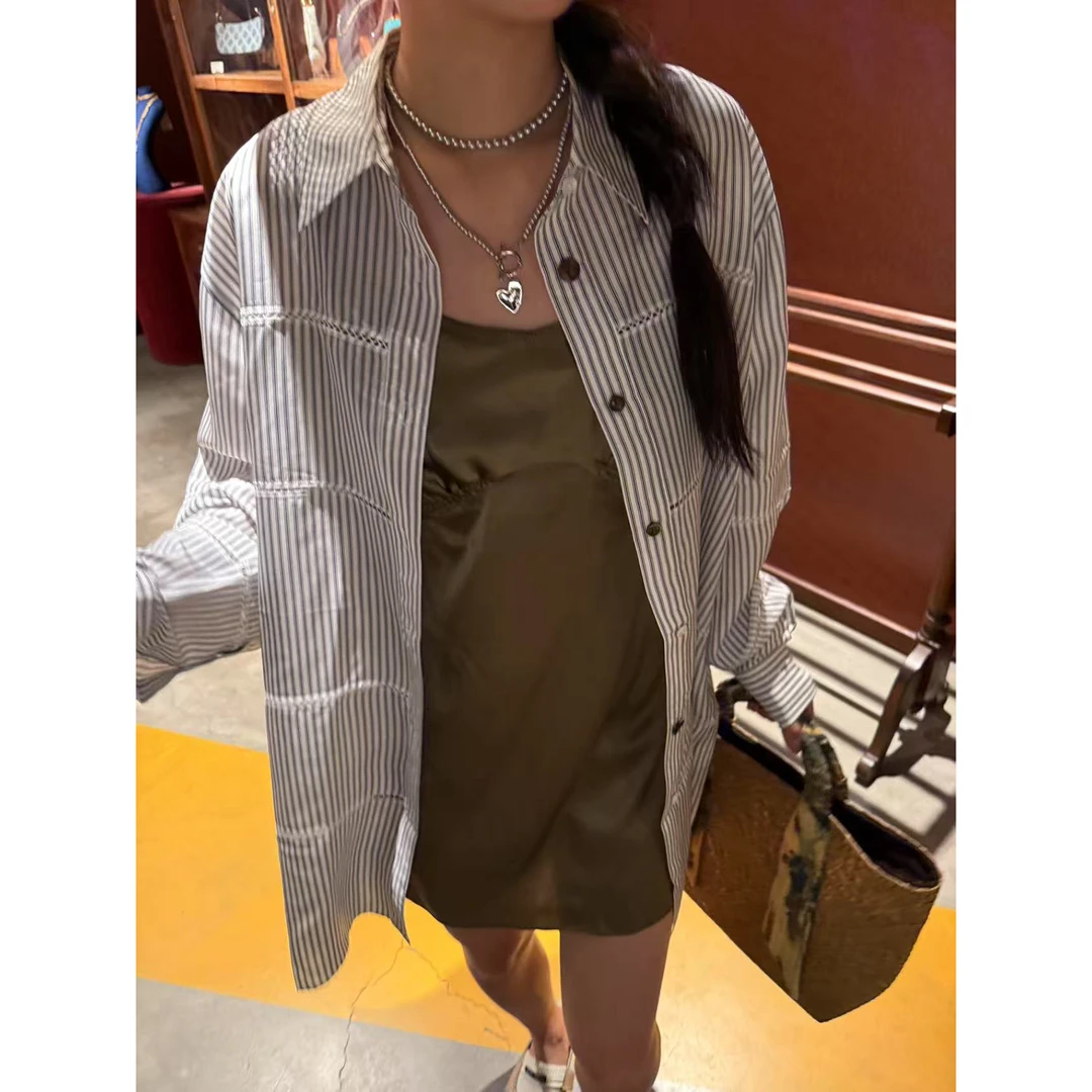 Nannanzhuo 复古条纹蕾丝拼接吊带裙衬衫