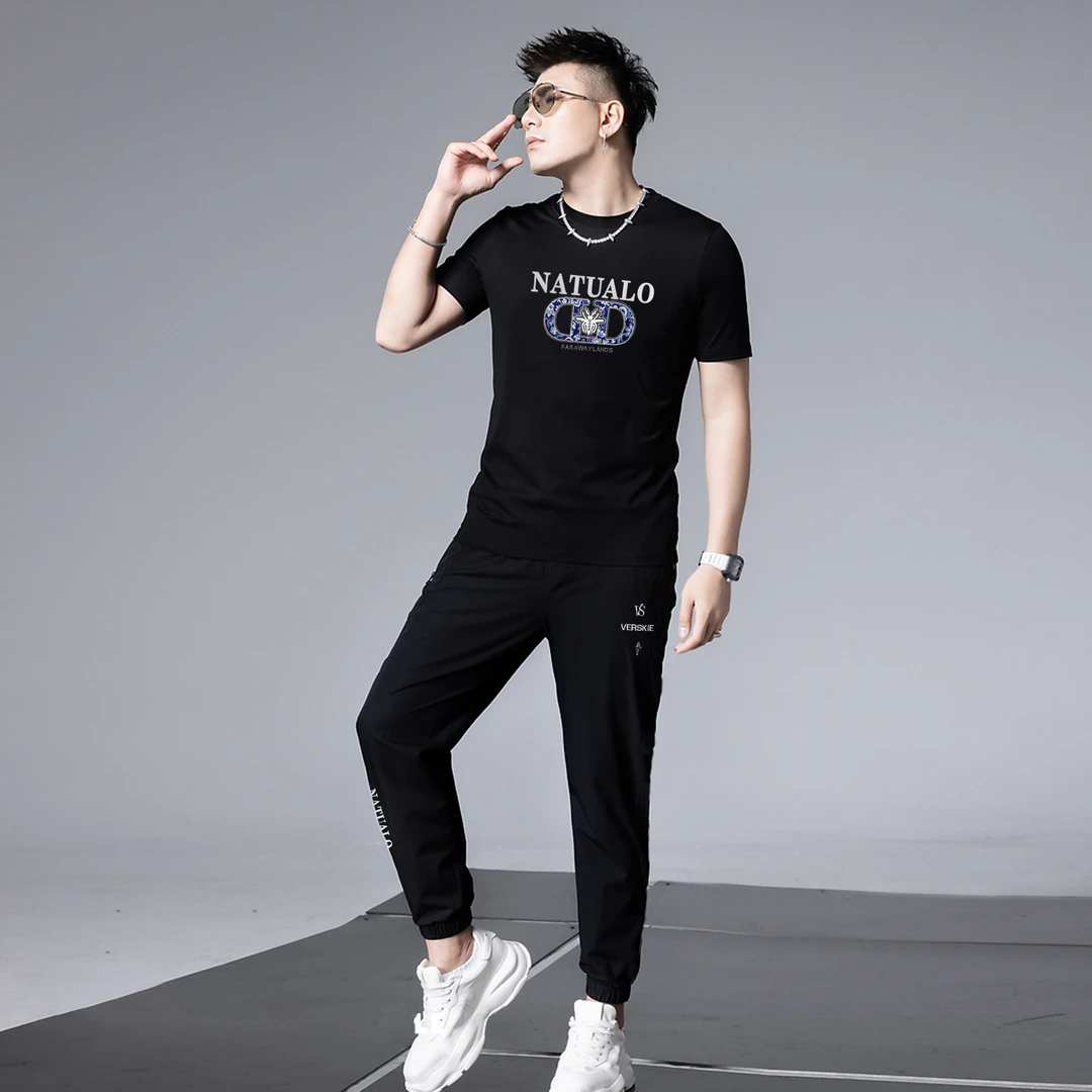 男士夏季新款韩版烫钻圆领卫衣束脚裤两件套时尚休闲百搭潮流套装