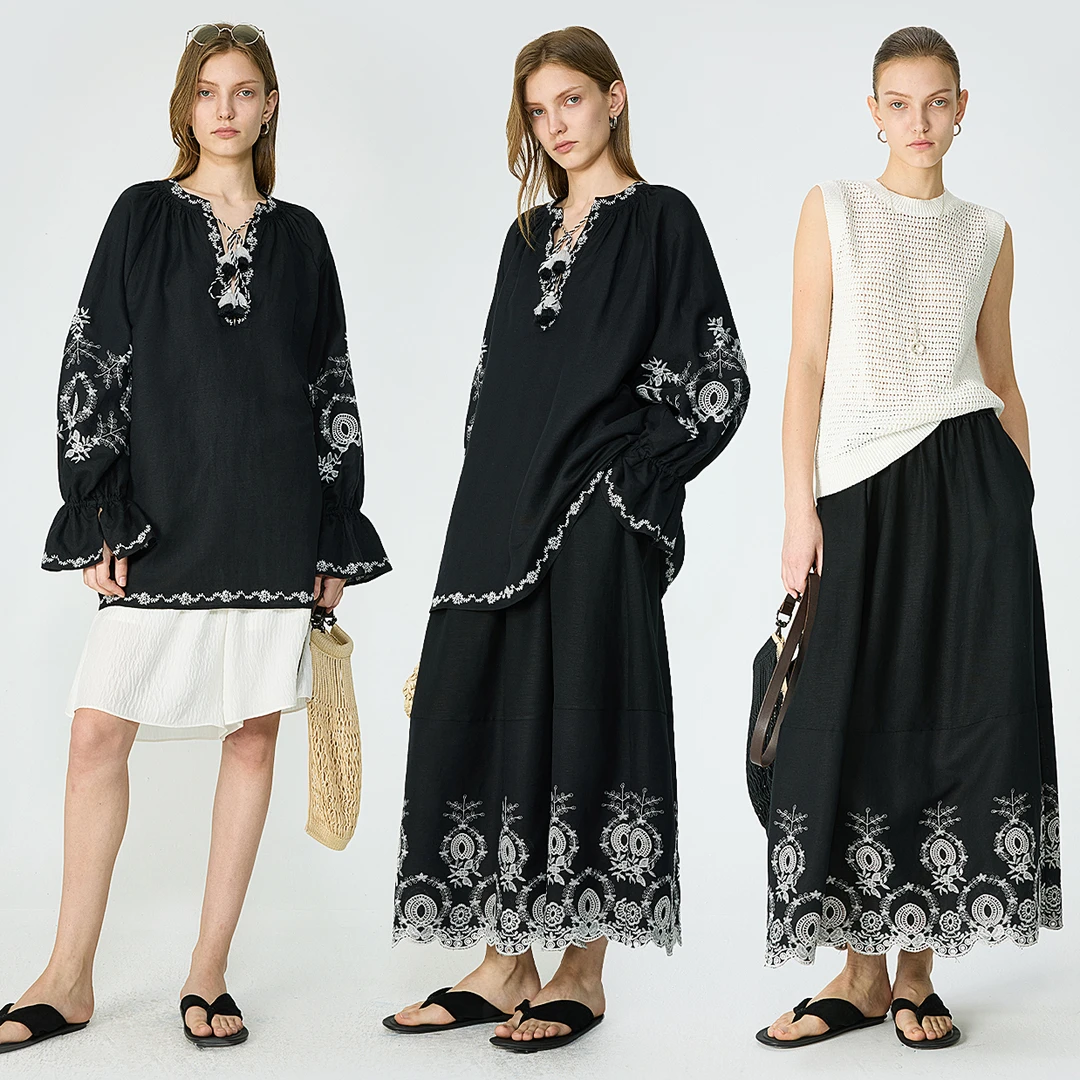 KEIGAN/开间独家重工撞色刺绣空气洗长麻度假风流苏上衣连衣裙