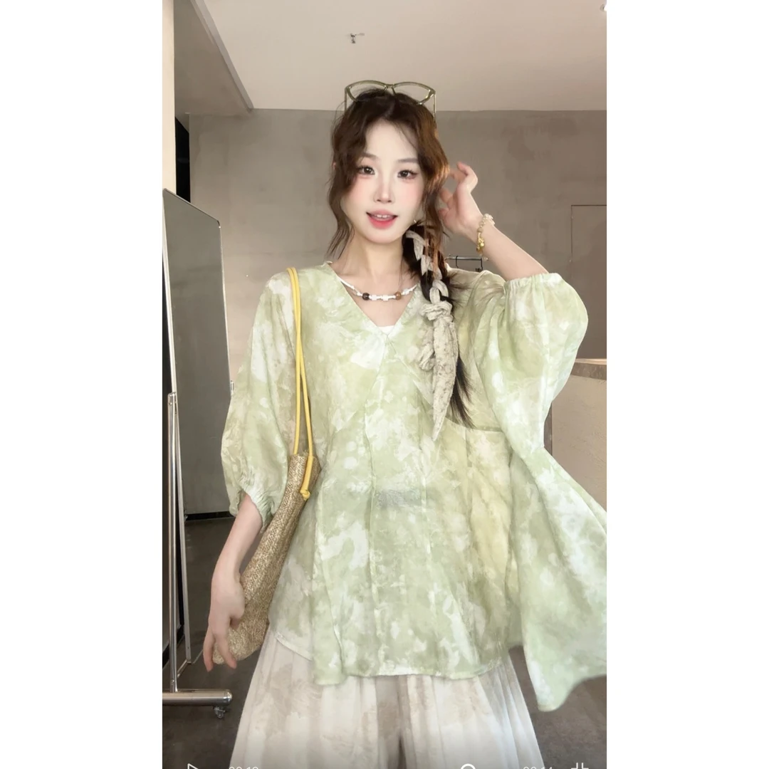 VGVL【浮萤】新款绿色下摆不规则衬衫女