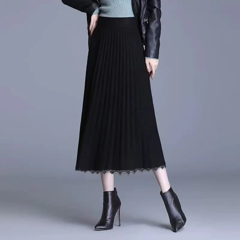 【歌里繁华】G+2024秋冬新款羊绒黑色针织蕾丝半身裙0084