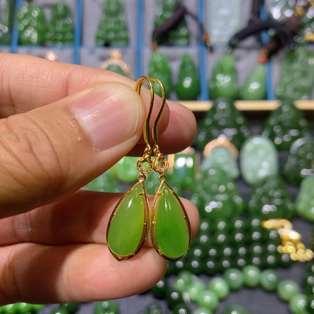 【闪购商品】和田玉吊坠(不含链)18K金镶嵌锅*苹果绿水滴耳钩