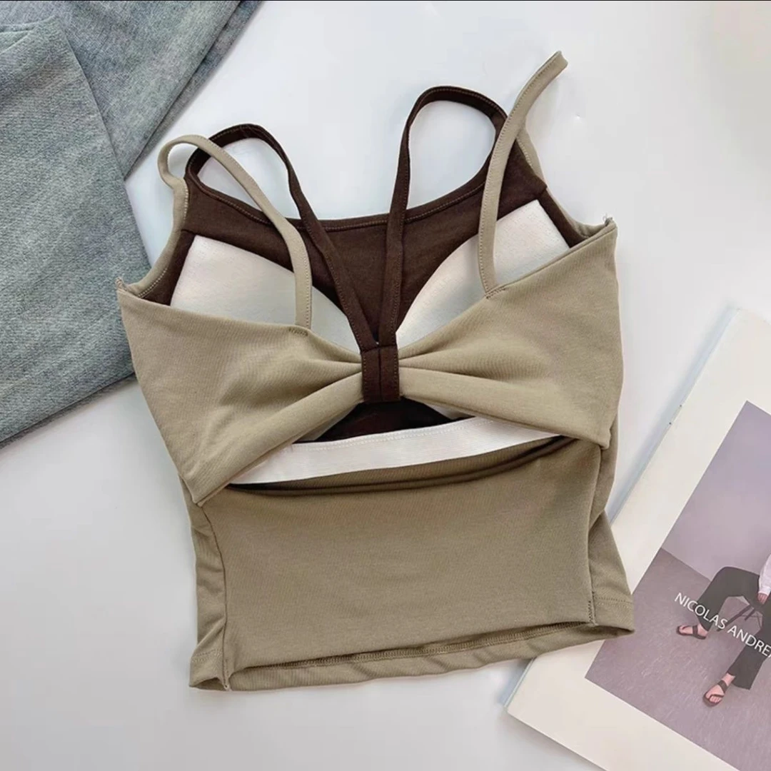 镂空假两件露背吊带背心女夏季外穿带胸垫打底衣甜辣妹薄款上衣Y