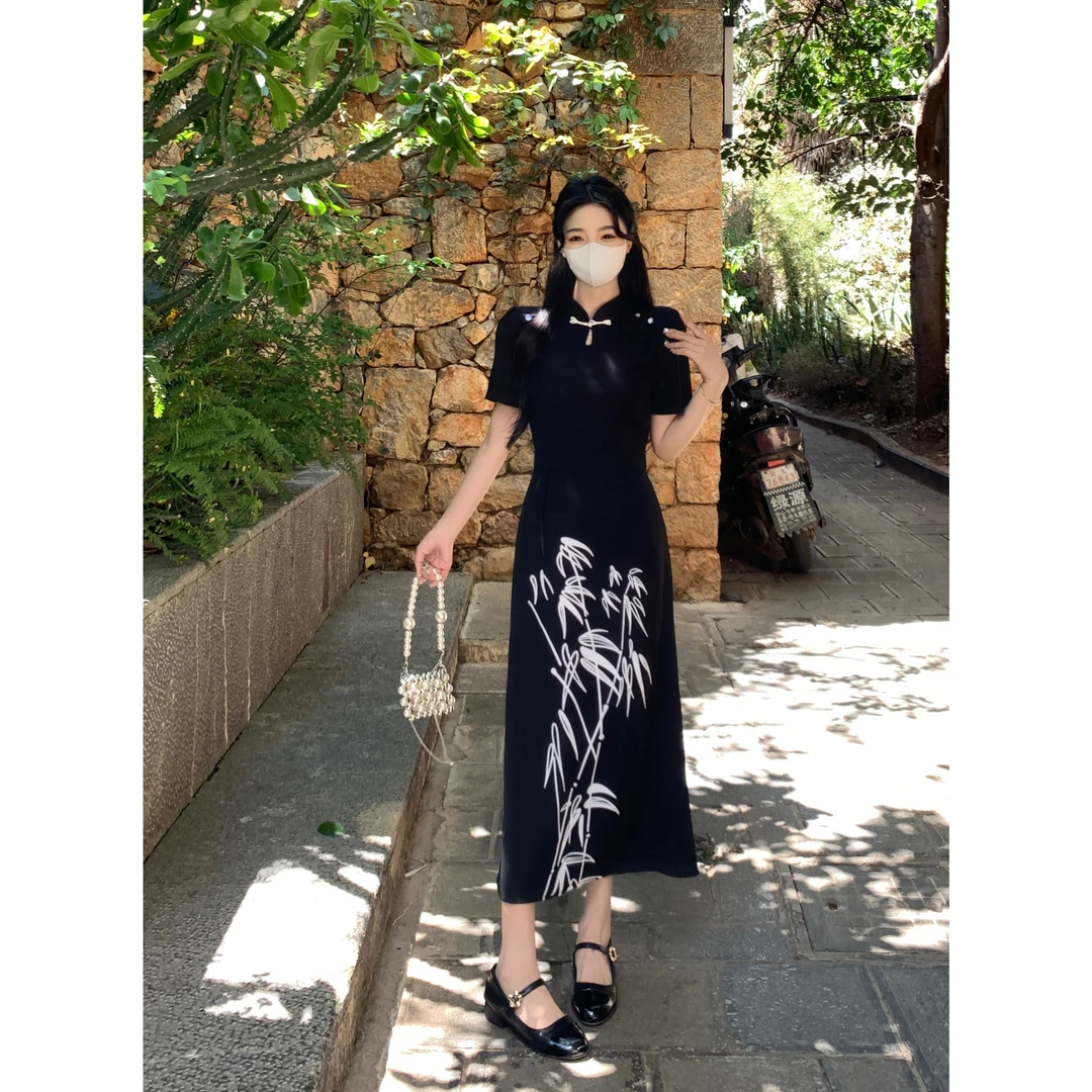 胖mm大码屿竹新中式国风改良旗袍气质收腰显瘦提花修身女装连衣裙