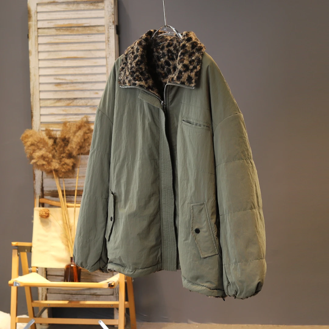 2025年冬装新品两面穿宽松夹棉加厚保暖外套文艺百搭仿羊羔毛简约