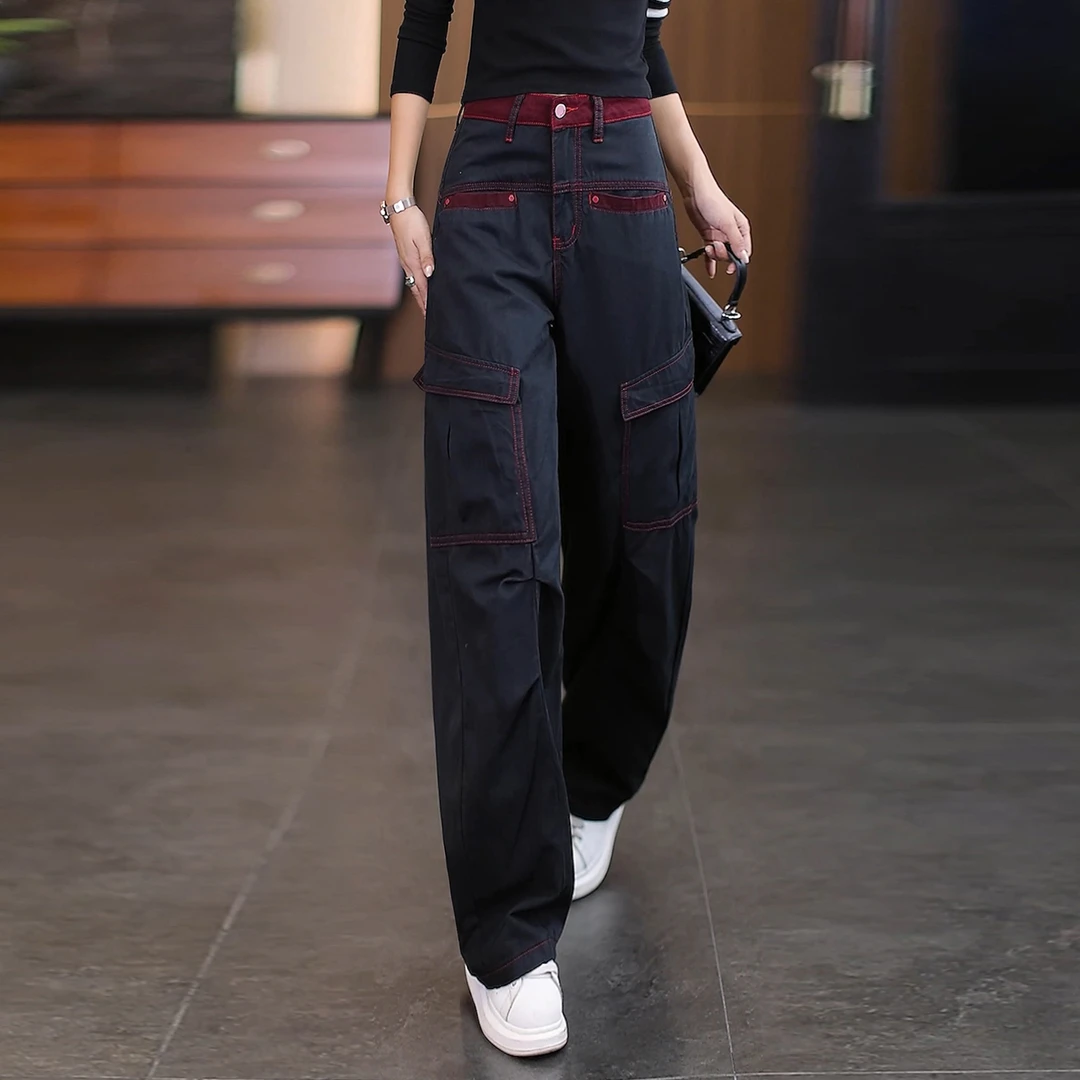 高腰撞色拼接阔腿工装牛仔裤女秋季2025新款时尚显瘦垂感直筒裤子