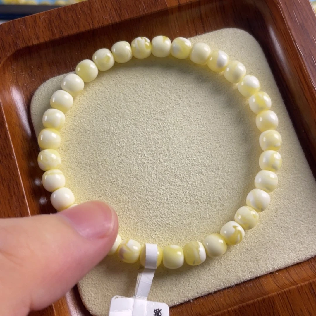 琥珀未镶嵌手链6mm奶瓷白满蜡少纹