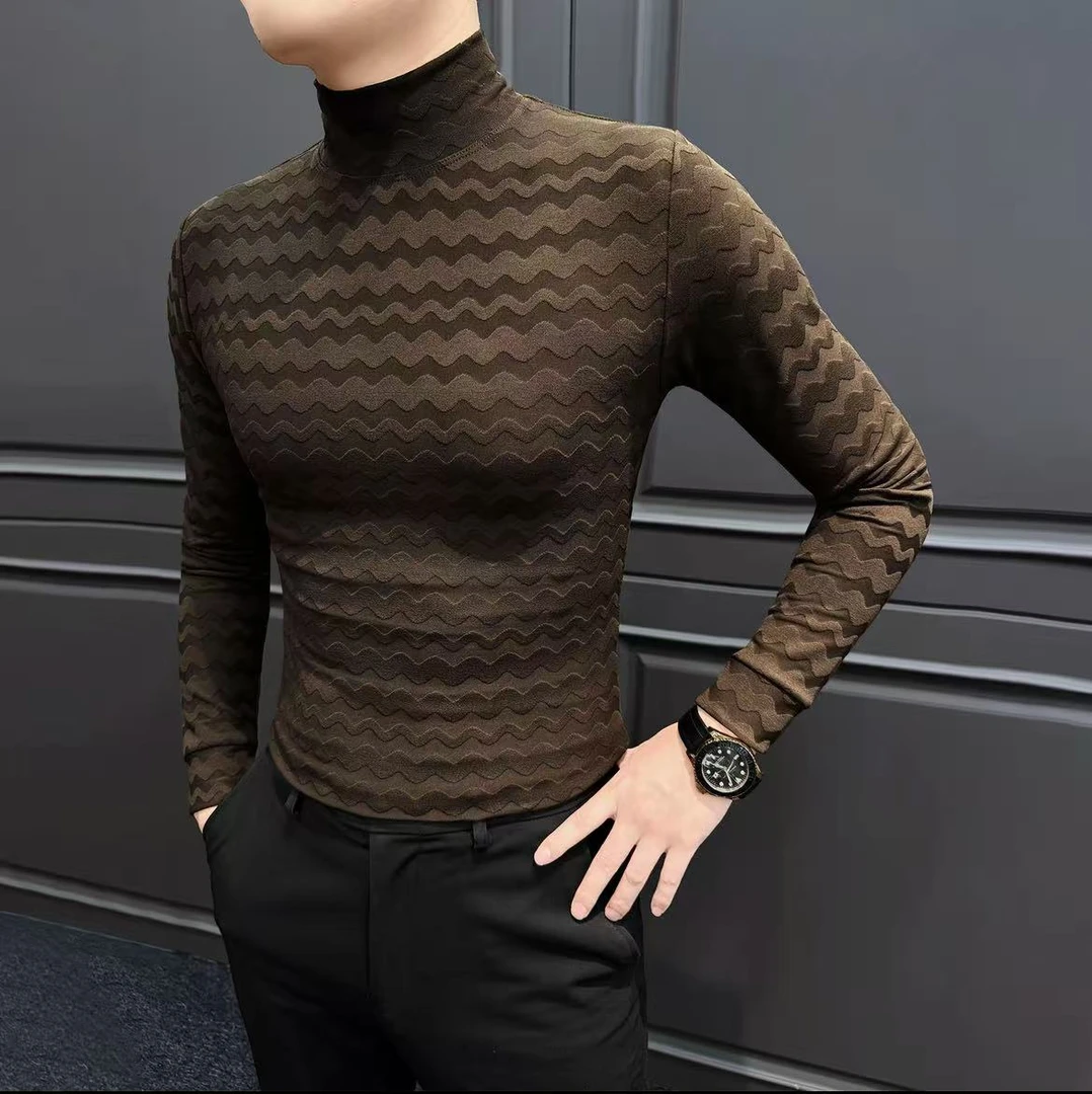 波浪条纹半高领打底衫长袖男款2025秋冬新款修身休闲男士内搭t恤