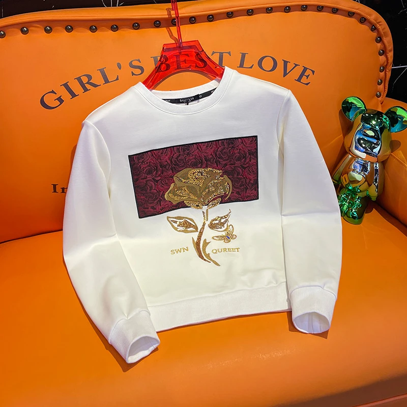 欧洲站男士高端刺绣玫瑰圆领卫衣春秋款潮牌新款长袖打底衫男