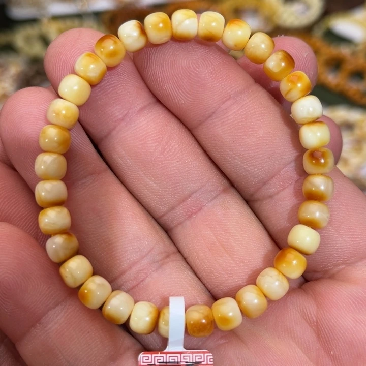 蜜蜡未镶嵌手链微瑕咖沁白蜡溶洞妖花6.5mm