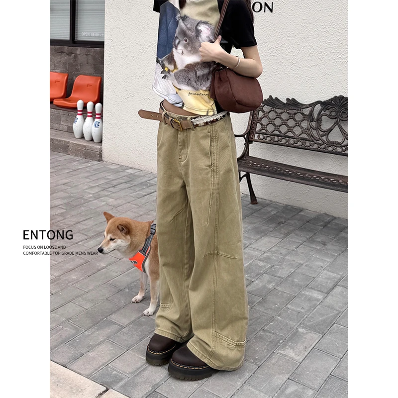 Entong美式cleanfit卡其色复古工装弯刀牛仔裤男女松弛感阔腿长裤