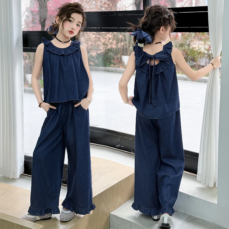 女童夏装牛仔套装2025新款洋气大儿童薄款荷叶边背心阔腿裤两件套