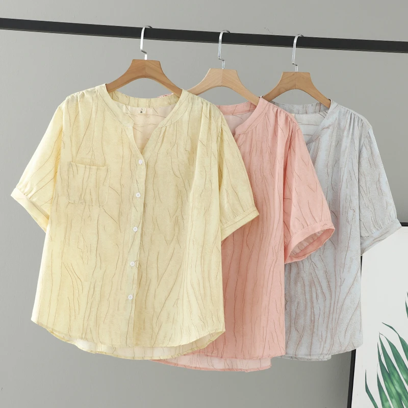 胖妹妹女装夏装新款2025气质乱线条印花衬衣女大码单口袋V领衬衫