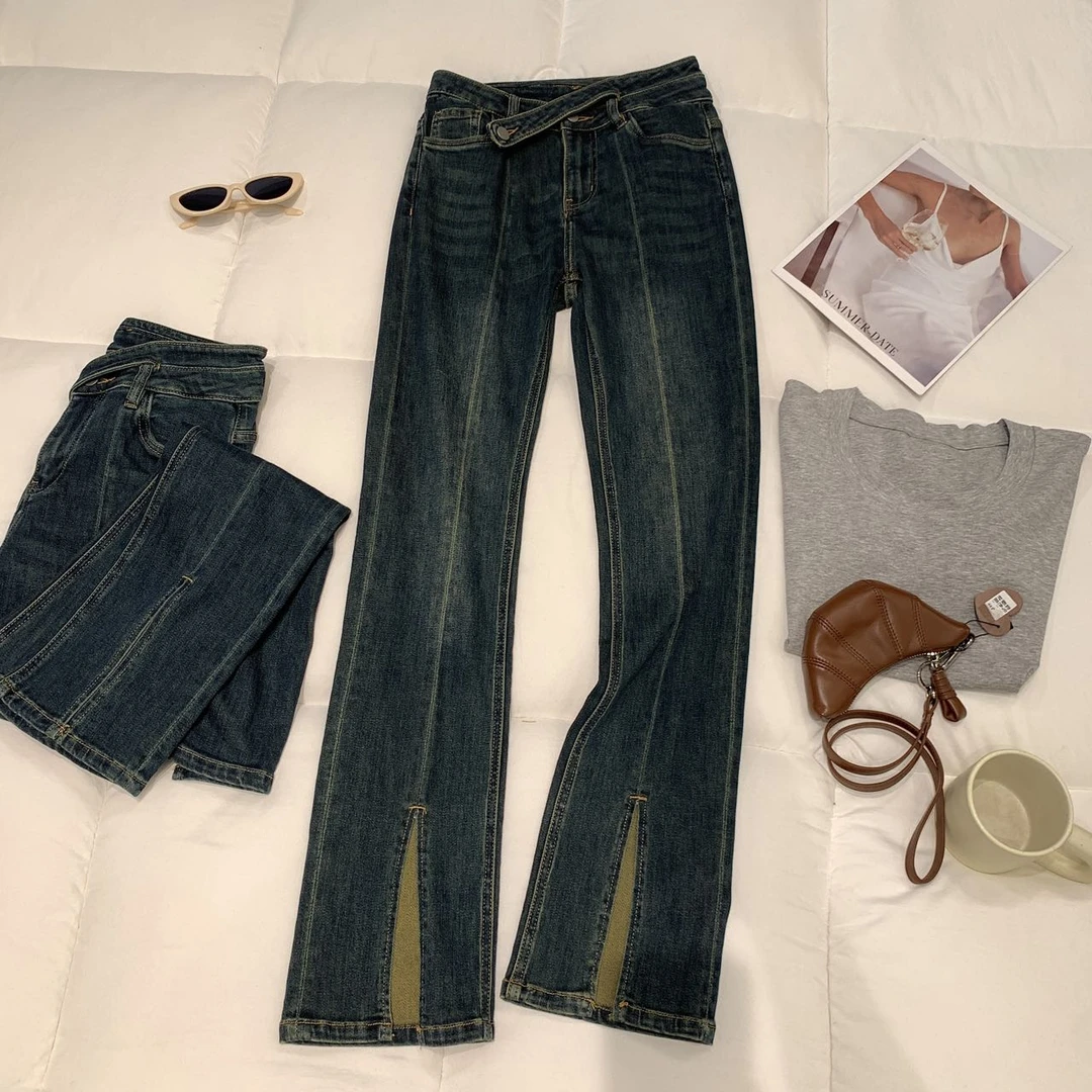 H20微喇牛仔裤女高腰2025春新款弹力修身显瘦开叉长裤高个子加长
