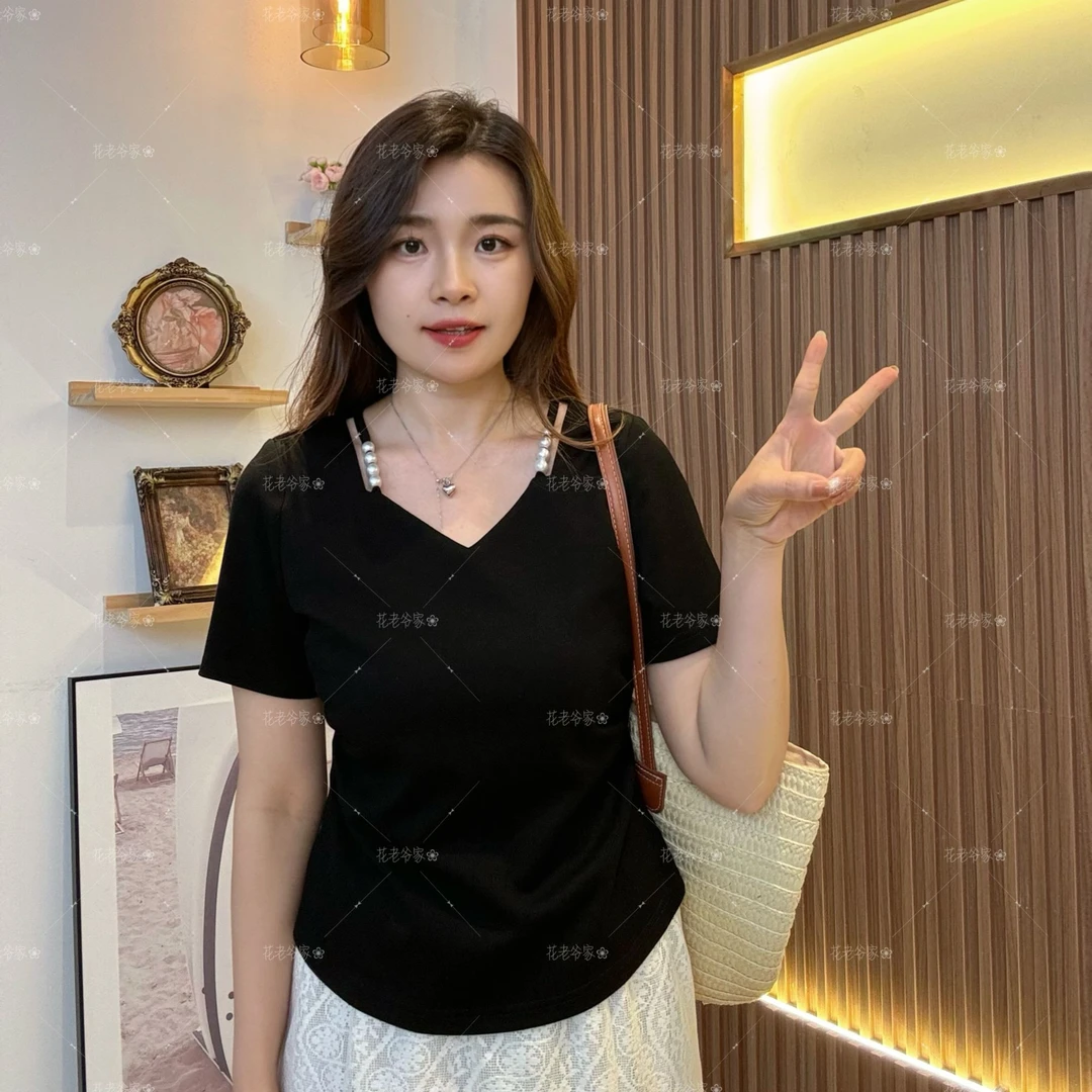 【仅上衣】花老爷微胖镂空珍珠简T上衣HLY3371