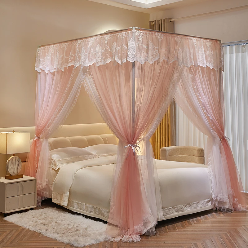2025新款宫廷蚊帐外穿杆式三开门加密帐纱花边款双层纱落地蚊帐
