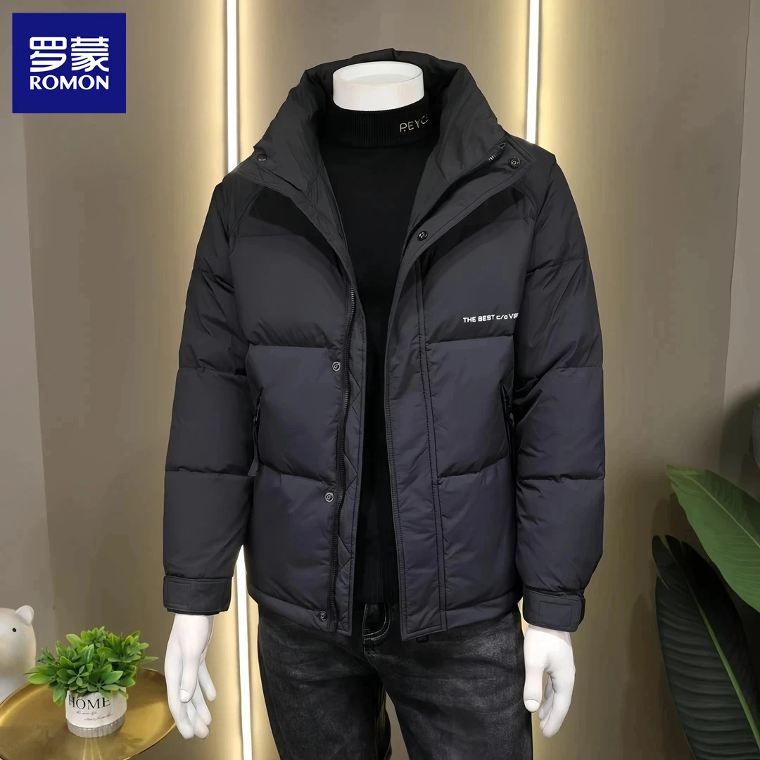 Romon/罗蒙冬季新款男士羽绒服帅气翻领夹克韩版休闲保暖加厚外套