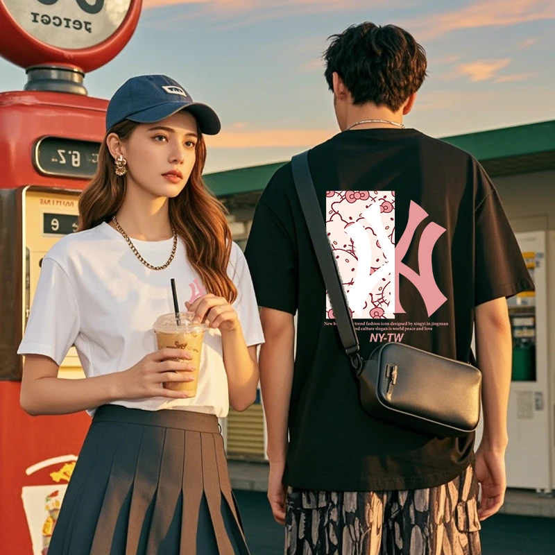 短袖t恤潮流男士美式插肩袖宽松ins设计感休闲上衣机车情侣半袖