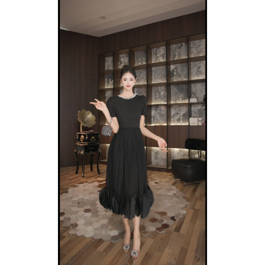 尤米定制  夏季法式长款收腰轻奢小众赫本风名媛宴会连衣裙61207