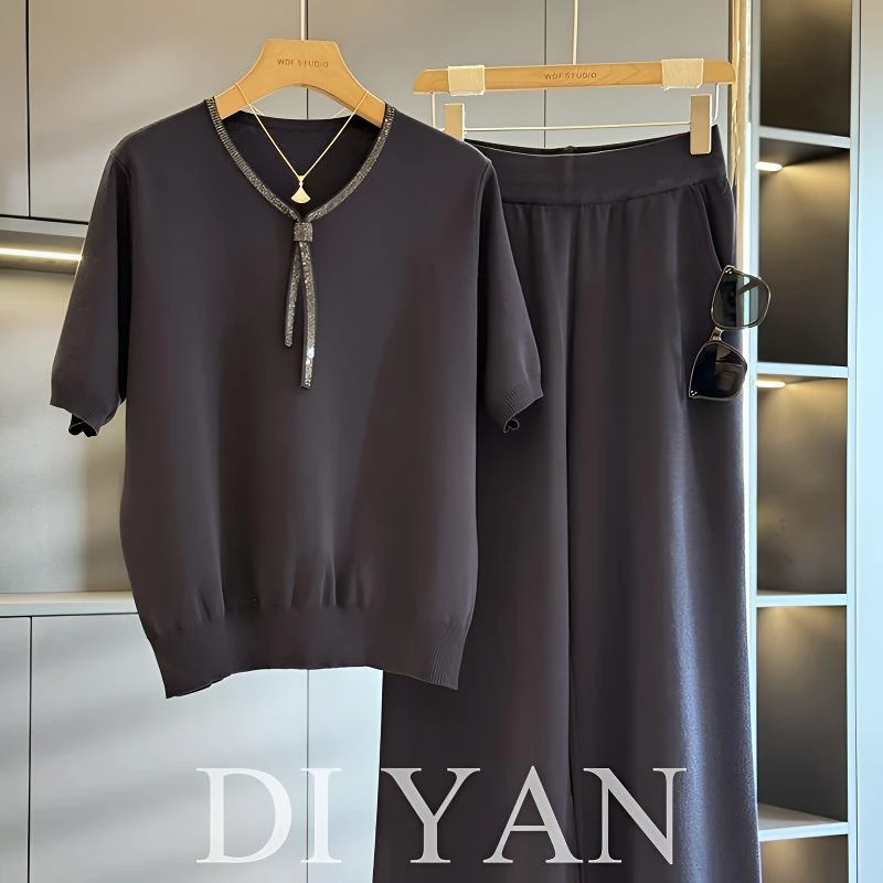 时尚洋气妈妈装冰丝套装女短袖夏装新款气质百搭中老年针织两件套