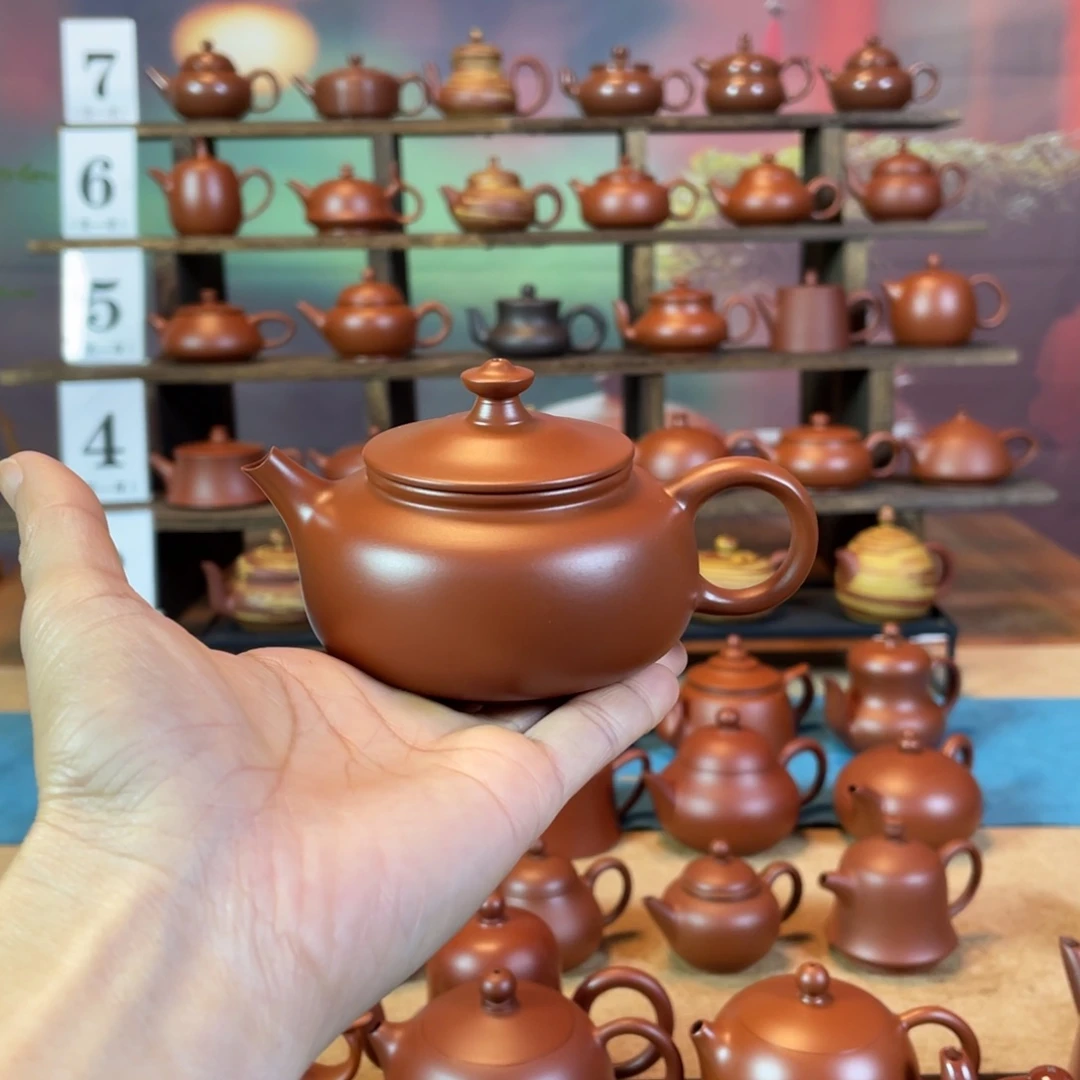 茶壶紫砂王*荣潮州手工手拉朱泥寒江壶