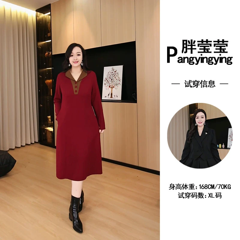 大码定制女装秋冬新款显瘦洋气遮肉翻领女装连衣裙ZB5437