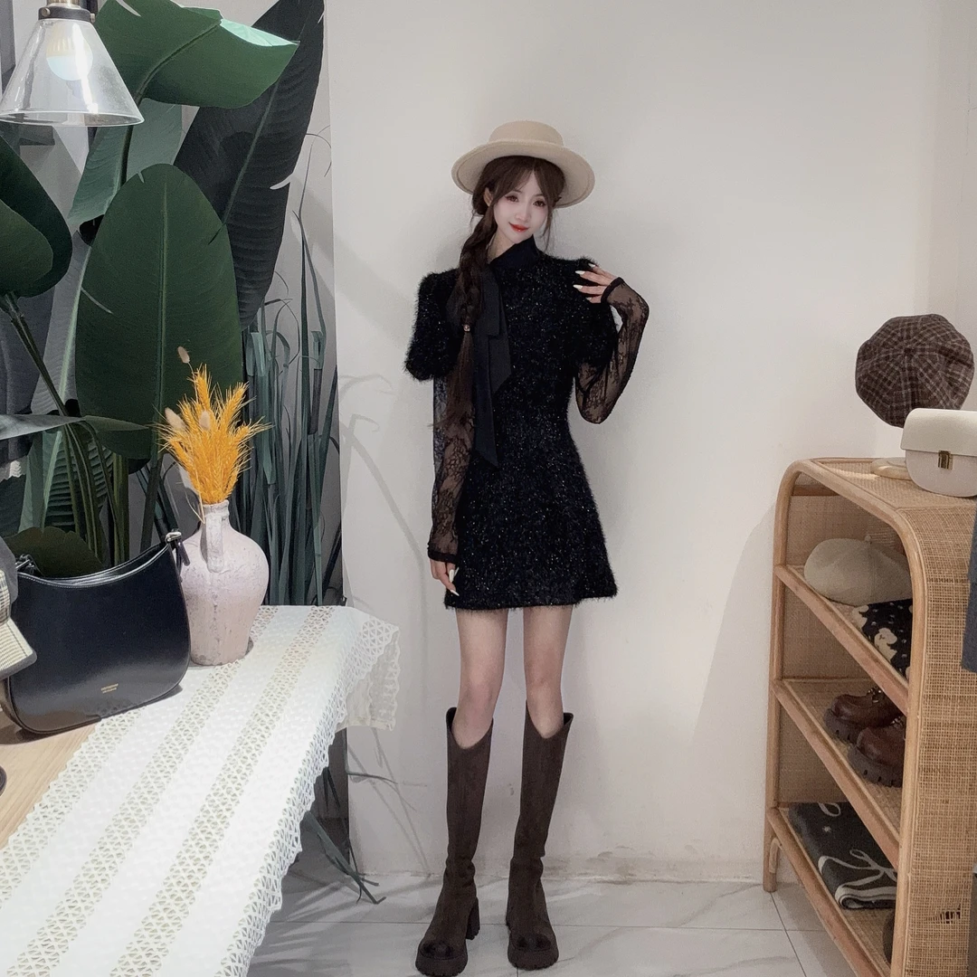 EA40166780Y小香风小女人新款韩系/亮闪闪高级气质短款小黑连衣裙