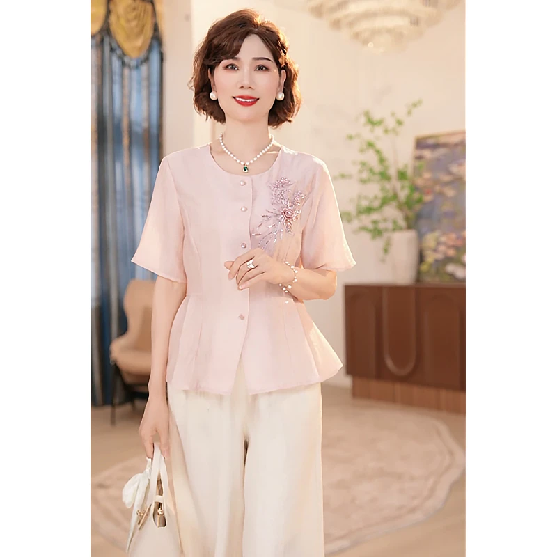 中年妈妈夏季套装2025新款洋气上衣服气质中老年女装两件套时尚