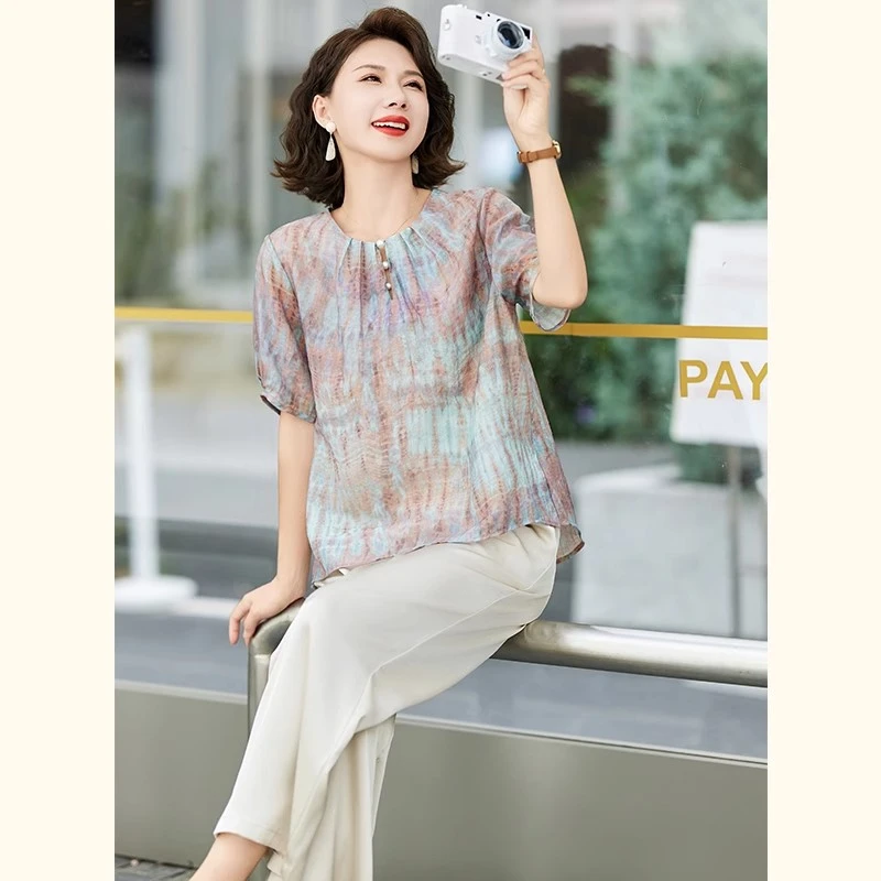 妈妈春夏装衬衫2025新款气质中年女装两件套宽松长袖打底衬衣套装