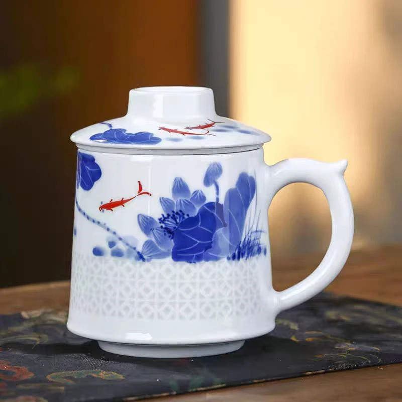 景德镇青花玲珑茶漏杯大容量带盖过滤茶杯适合办公家用