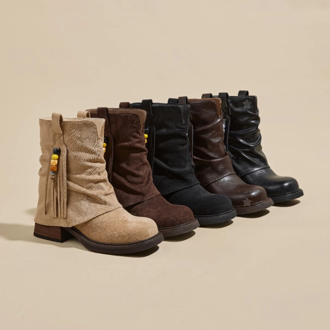复古时尚流苏靴粗跟马丁靴2025秋冬新款系带增高女百搭圆头女鞋
