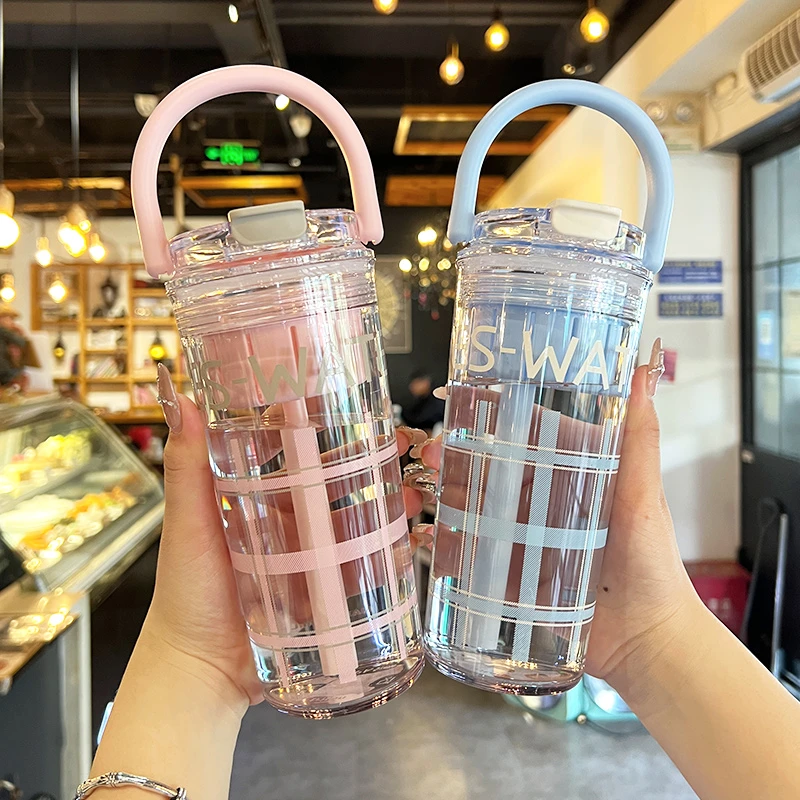 水杯女生夏天高颜值双饮便携式2025新款吸管杯学生塑料杯子带茶仓