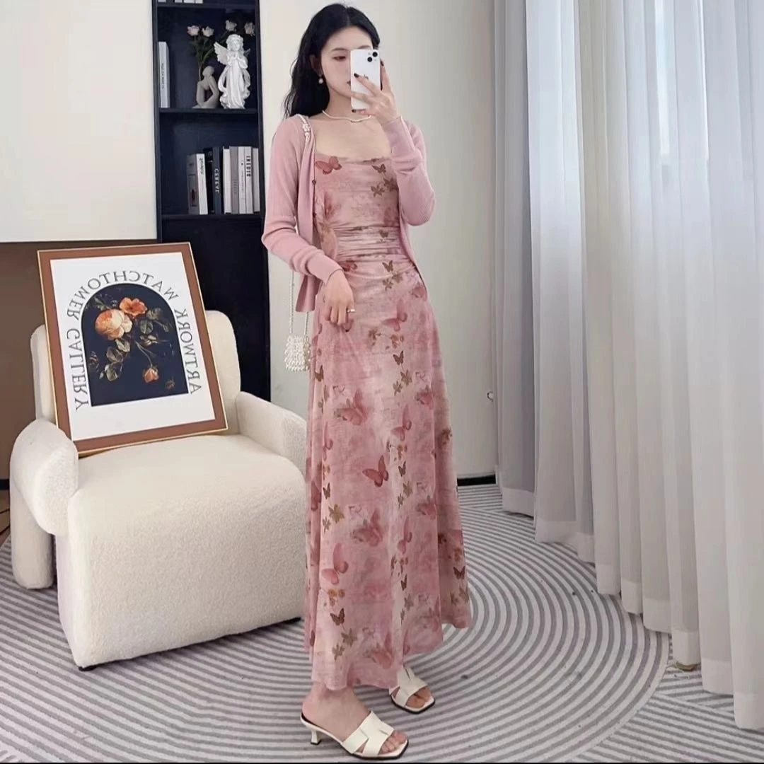 夏季法式新款吊带连衣裙+开衫显瘦气质两件套时尚清凉感修身套装